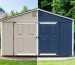 A before and after comparison of a vinyl shed transformation, illustrating the difference between a faded beige shed and the same shed painted in navy blue, highlighting the shed's updated and improved appearance.