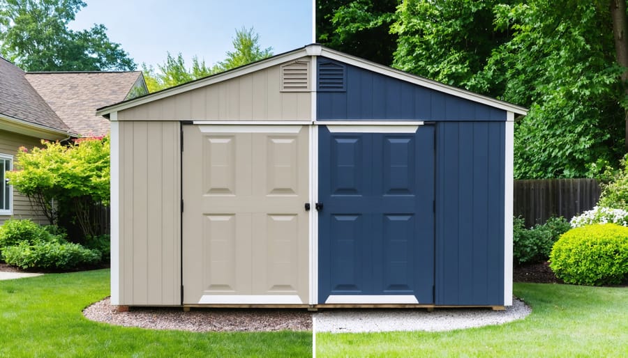 A before and after comparison of a vinyl shed transformation, illustrating the difference between a faded beige shed and the same shed painted in navy blue, highlighting the shed's updated and improved appearance.