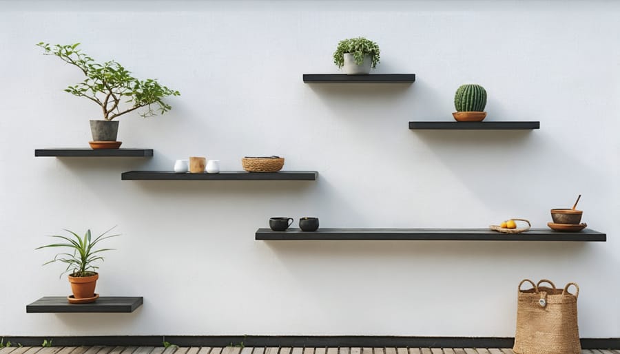 Installation process of outdoor wall-mounted shelving showing mounting brackets and securing methods