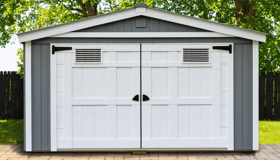 Step-by-step photo series showing the process of installing wall vents in a storage shed