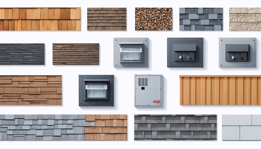 A collage of various weather-resistant materials used in outdoor electrical systems, including fiber cement siding, treated lumber, stainless steel fasteners, and weatherproof electrical enclosures in a shed environment.