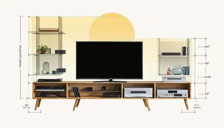 Technical illustration of weather-sealed outdoor TV cabinet with labeled components