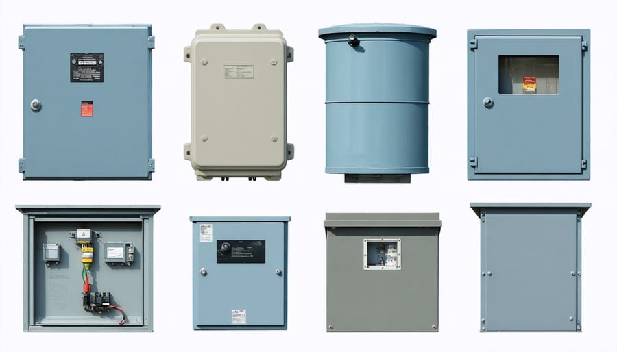Various NEMA-rated weatherproof electrical boxes showing different sizes and ratings