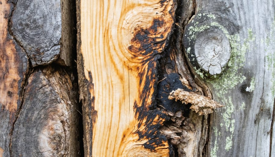 Different stages of wood rot damage on timber, showing discoloration and fungal growth