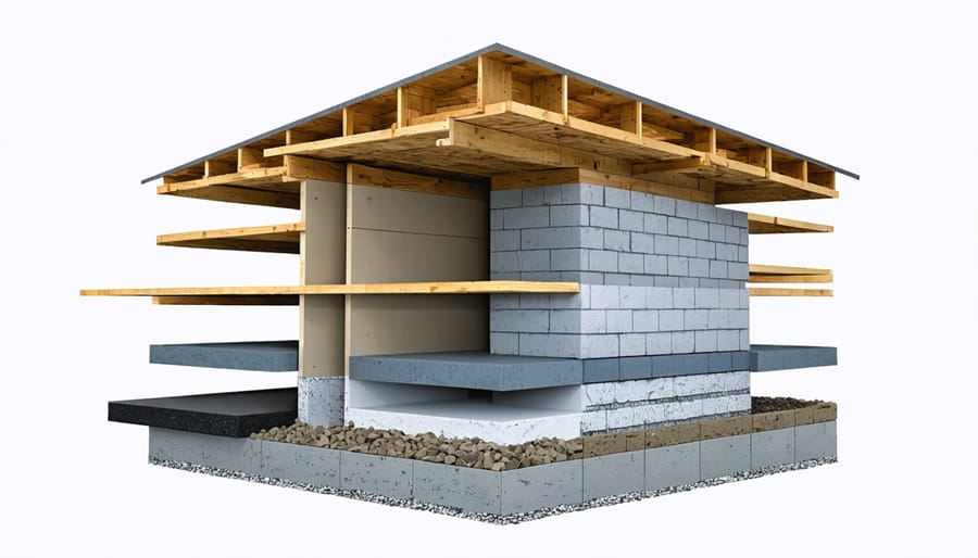 Conceptual illustration of an 8x8 shed construction showing foundation layers, including concrete blocks, gravel bed, and floor joists, with hints of wall framing and roofing components for a comprehensive build strategy.