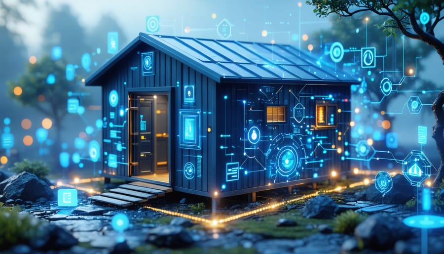 Conceptual illustration of a futuristic shed under AI surveillance, with network lines and various smart sensors symbolizing predictive maintenance technology.
