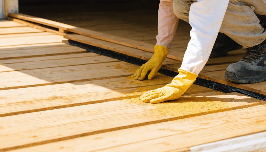 Step-by-step demonstration of applying UV protective sealant to wooden shed flooring