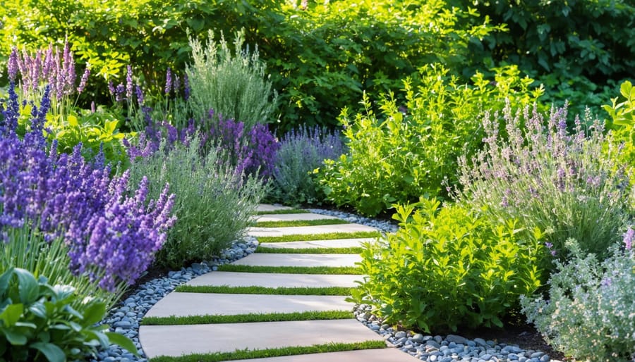 Well-organized aromatic herb garden with purple lavender blooms and various green herbs