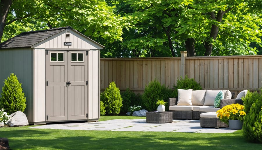 A serene backyard featuring a strategically placed portable garden shed providing privacy, surrounded by greenery and a comfortable seating area.