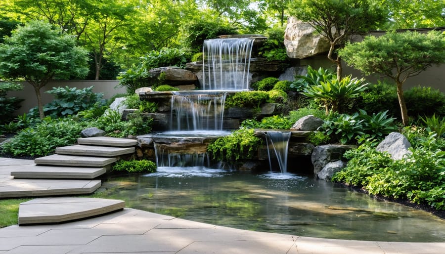 Serene backyard showcasing a multi-tiered water fountain and lush vegetation, exemplifying soundscaping techniques for creating a peaceful outdoor environment.
