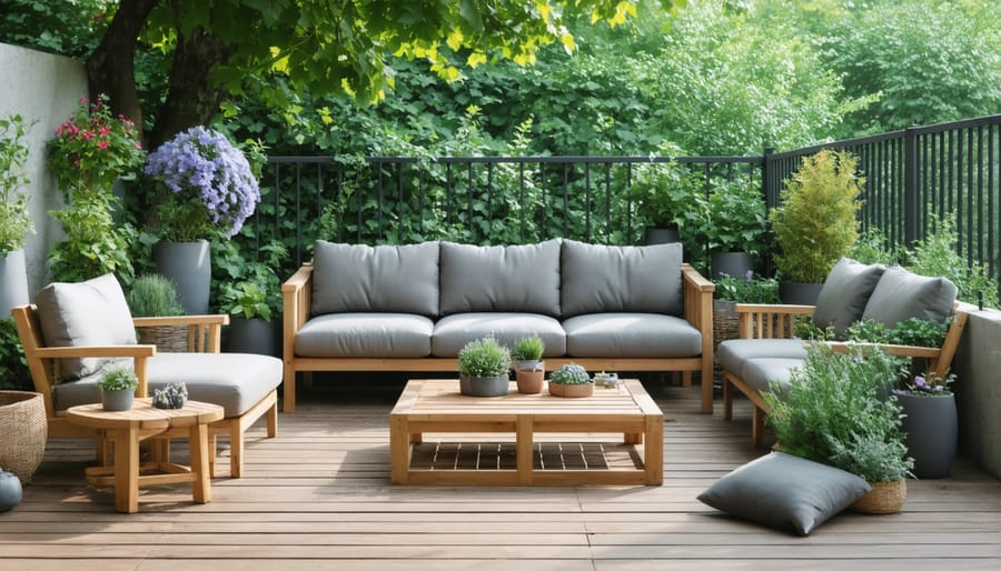 Compact balcony space showcasing collapsible furniture in both stored and usable states