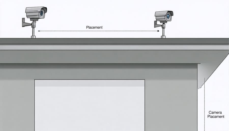 Illustrated guide showing recommended positions for security cameras around a shed roof