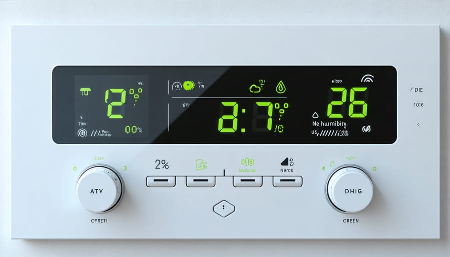 Digital control panel of a climate-controlled storage system displaying temperature and humidity settings