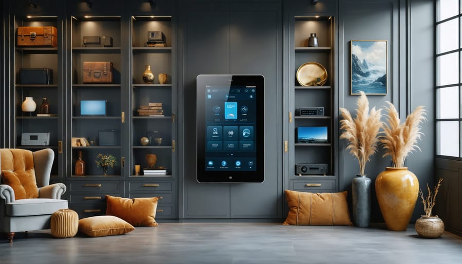 A modern storage unit with digital climate control panel displaying temperature and humidity settings, surrounded by antique furniture, art pieces, and electronics, illustrating the protective environment of climate-controlled storage.