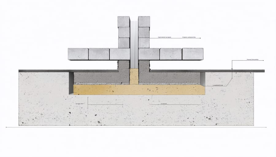 Layered diagram showing gravel base, concrete blocks, and support beams for shed foundation