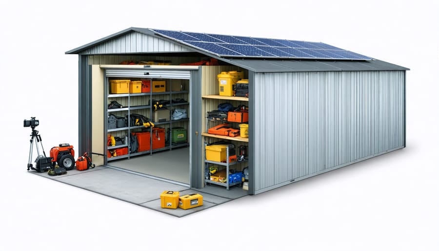 "Illustration of a storage shed transformed into an emergency shelter, featuring reinforced walls, solar panels, and emergency supplies."
