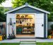 Cozy insulated lean-to shed integrated with a backyard landscape, showing tools, insulation layers, and a welcoming light from within, highlighting protection from weather conditions.