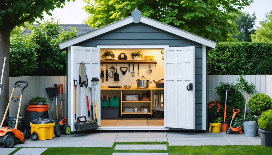 Cozy insulated lean-to shed integrated with a backyard landscape, showing tools, insulation layers, and a welcoming light from within, highlighting protection from weather conditions.