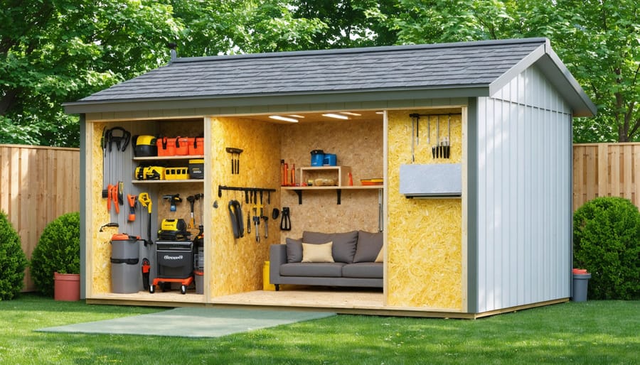 A detailed cross-sectional view of a shed showcasing various insulation materials such as fiberglass batts, foam boards, and reflective foil, emphasizing a cozy and well-organized interior workspace.