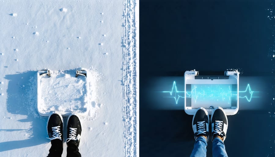 Before and after comparison of deck with snow melt system showing safety difference