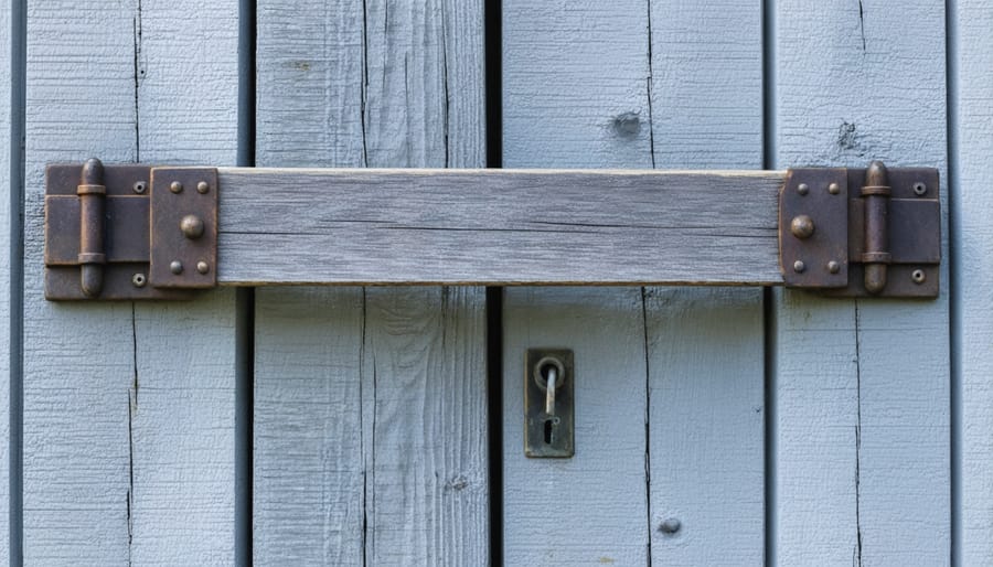 Heavy-duty cross-bar lock mounted across a shed door with reinforced brackets