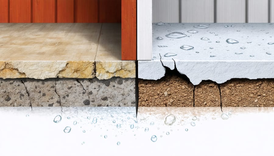 Comparative illustration of a shed base, showing a dry, protected side with DryShield panels versus a water-damaged side without protection.