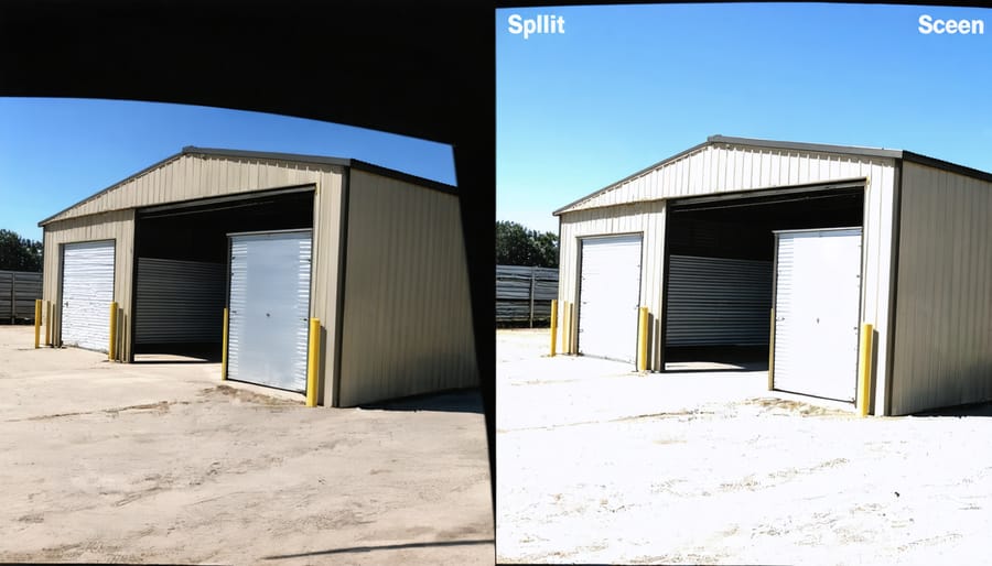Dual-zone security camera display monitoring both floors of a two-story shed