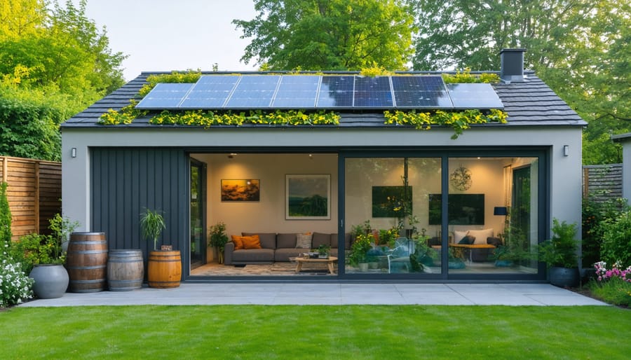 Modern lean-to shed with eco-friendly features such as solar panels, a green roof, energy-efficient windows, and rainwater harvesting tanks, blending with a lush garden setting.