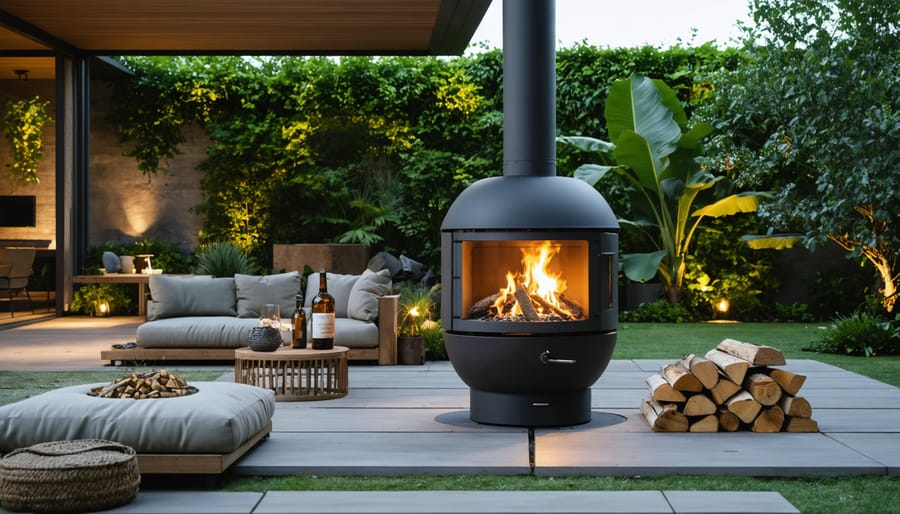 "An outdoor living area at dusk with an elegant eco-friendly stove, emitting a warm glow amidst lush greenery, symbolizing sustainable outdoor heating using renewable energy sources."