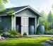 Conceptual illustration of a shed with rainwater harvesting systems, permeable pathways, and water-smart landscaping, demonstrating sustainable water management practices.