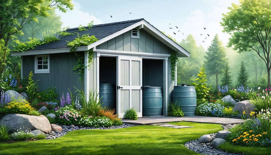 Conceptual illustration of a shed with rainwater harvesting systems, permeable pathways, and water-smart landscaping, demonstrating sustainable water management practices.