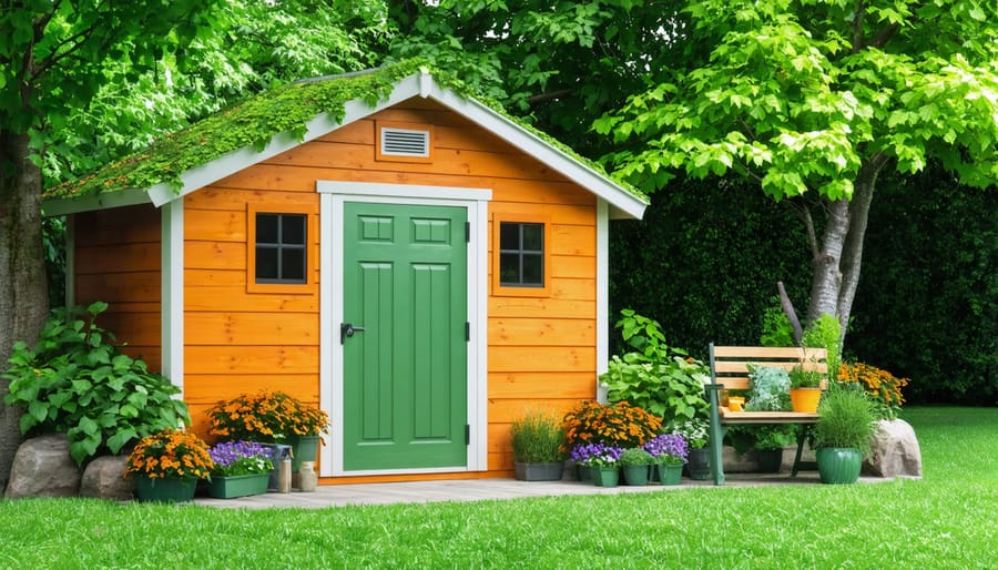 A beautifully painted garden shed in a vibrant green hue standing amidst a flourishing garden, showcasing the effects of eco-friendly paints made from natural, sustainable ingredients, symbolizing a commitment to environmental responsibility.