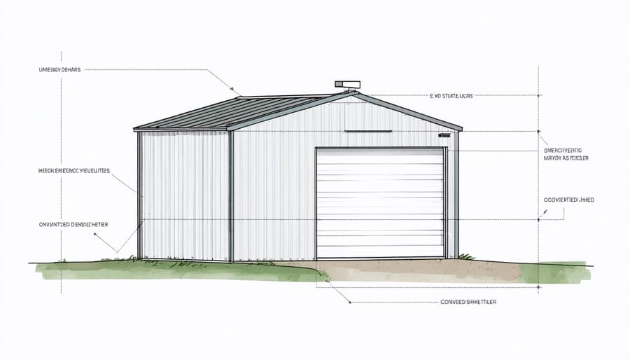 Cross-section diagram of a storage shed highlighting insulation, ventilation, reinforced walls, and foundation elements