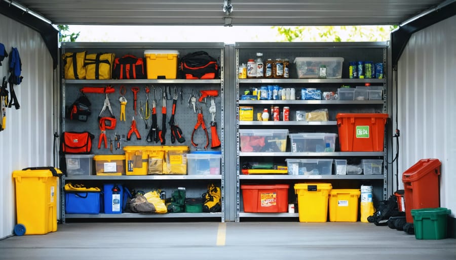 Well-organized shelving system showing emergency supplies, food storage, and equipment in a converted shelter