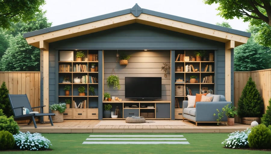 Transformed shed interior showing comfortable seating area with clever storage integration