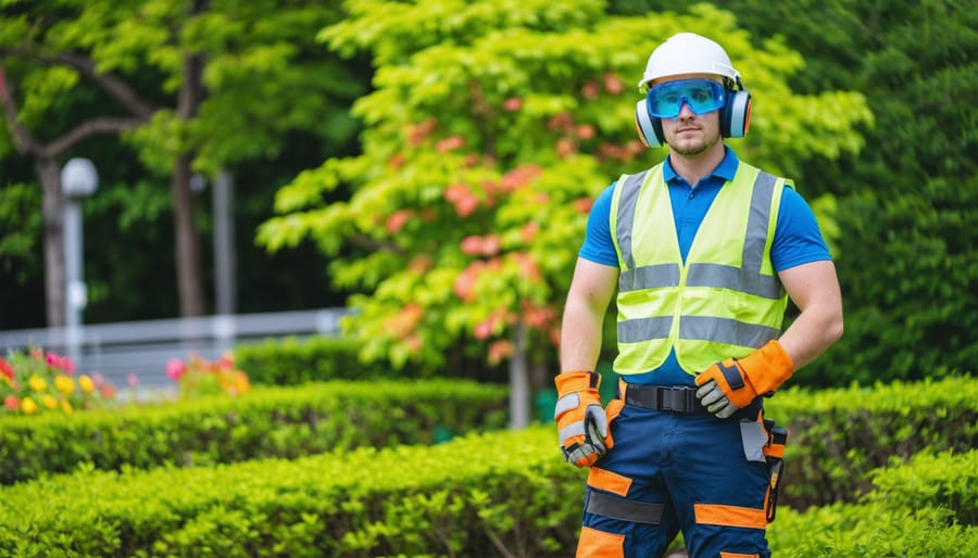 A professional landscaper wearing full personal protective equipment, including safety glasses, work gloves, and a high-visibility vest, demonstrating best practices for safe landscaping work.
