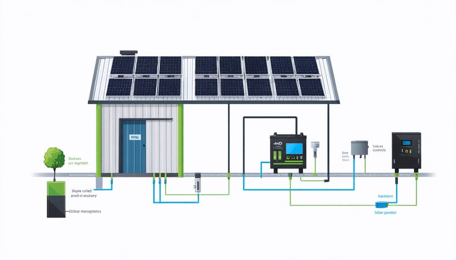 Technical diagram showing how EV batteries connect to solar panels and power distribution in a shed setup