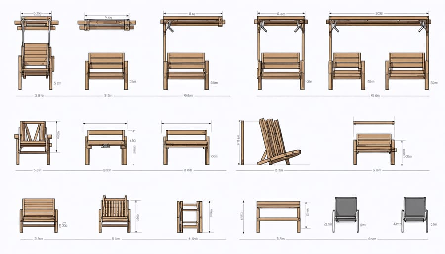 Technical illustration of different folding mechanisms for outdoor furniture