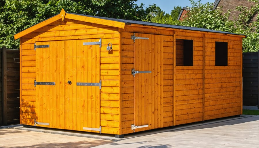 Illustration of a wooden shed equipped with high-security features, including a strong padlock, door bar lock system, motion sensor lights, and reinforced hinges, depicting a safe and secure outdoor storage solution.