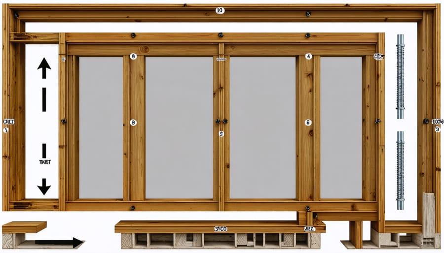 Construction worker assembling wooden frame for lean-to shed with visible joint connections