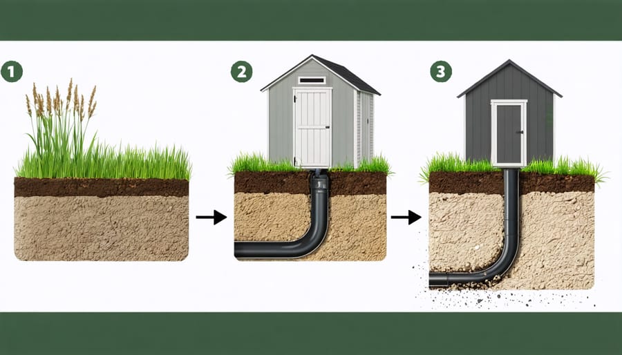 Installation stages of a French drain system beside a garden shed