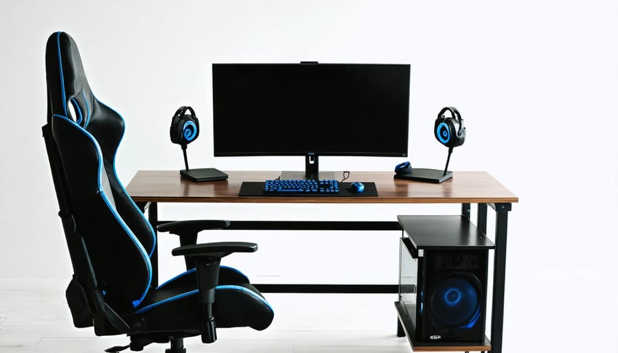 Ergonomic gaming station with proper posture-supporting furniture and equipment layout
