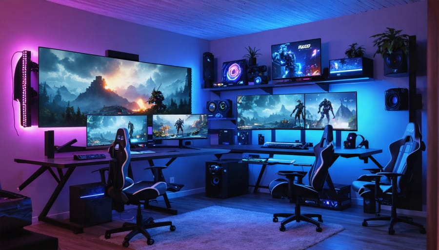 Interior of a transformed storage shed turned into a high-tech gaming paradise, showcasing multiple monitors, gaming chairs, and colorful RGB ambient lighting.