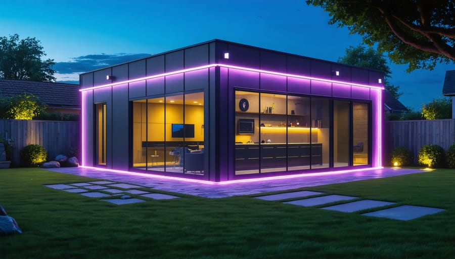 Illuminated gaming shed exterior with colorful LED lighting and custom windows