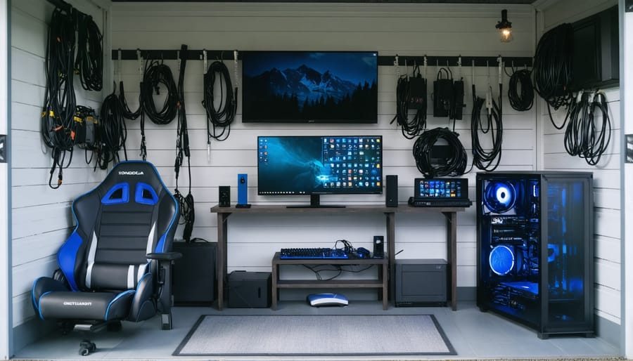 Organized gaming setup with clean cable management and electrical installation