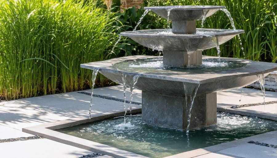 Contemporary stone water fountain surrounded by swaying ornamental grasses