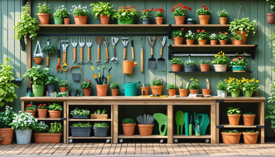 Well-organized potting shed interior showing workbench, tool storage, and gardening supplies