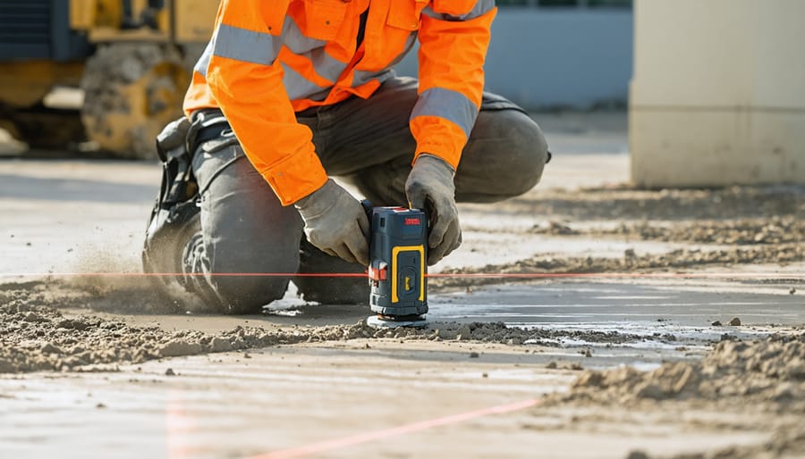DIY enthusiast using laser level tool to mark level points for shed foundation