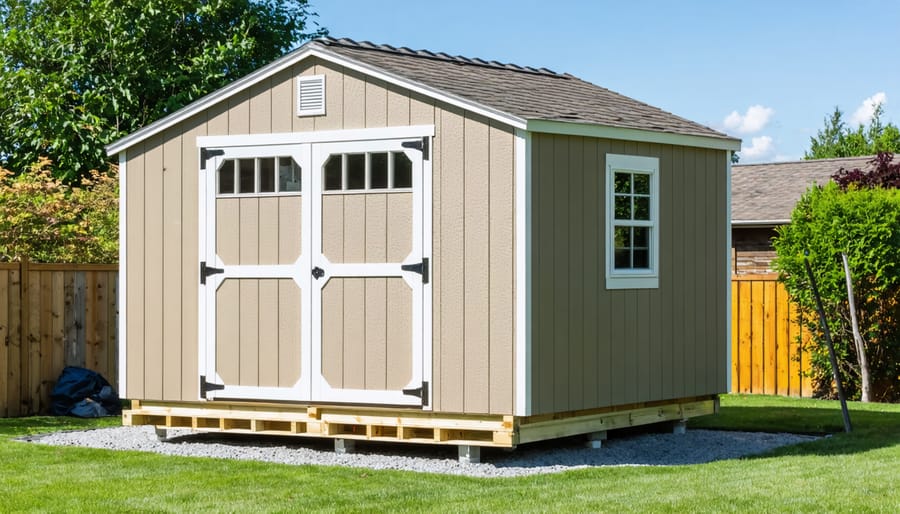 A shed supported by heat-treated skids with visible ground preparation layers like gravel and moisture barrier, demonstrating enhanced durability and protection against decay and insects.