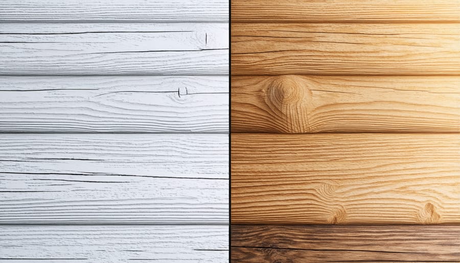 Visual comparison between dark-colored heat-treated wood and lighter pressure-treated lumber